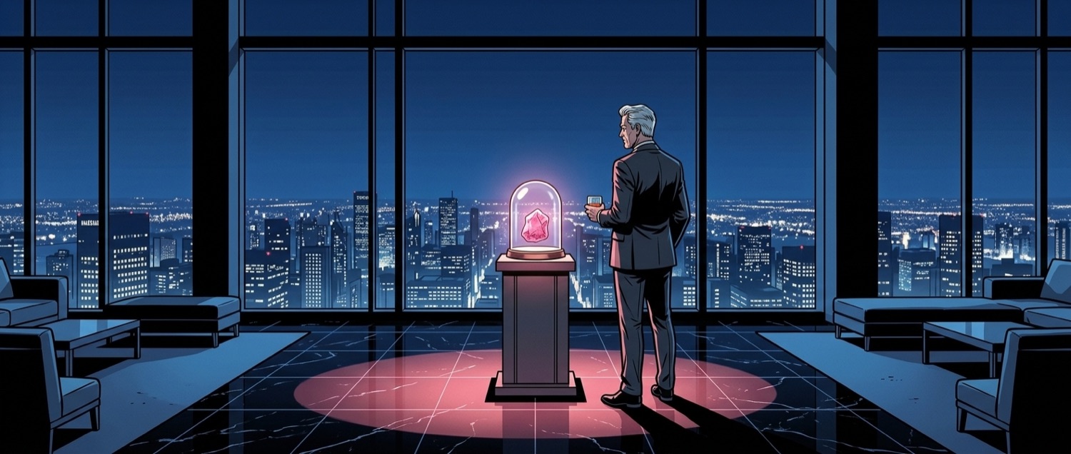 The captain stands with the diamond in his penthouse above the city